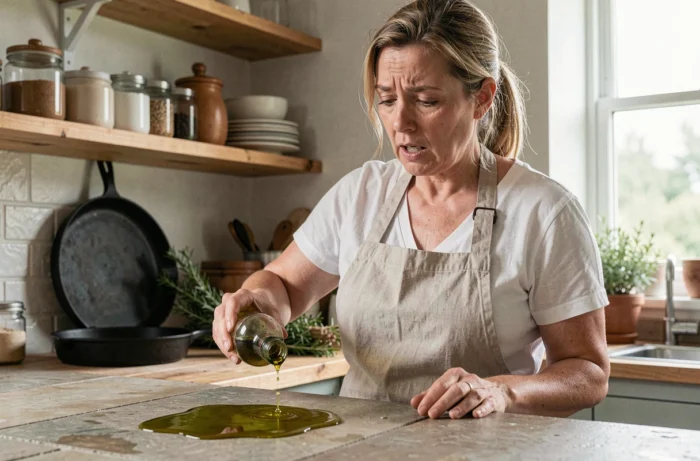 Femme surprise ayant renversé de l'huile dans une cuisine de ferme, illustration des croyances et superstitions liées à cet événement