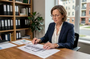 Femme investisseuse immobilière étudiant des documents locatifs dans un bureau moderne