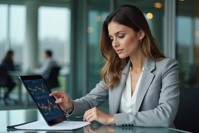 Femme d'affaires élaborant une stratégie prudente d'investissement en actions lors d'une réunion professionnelle