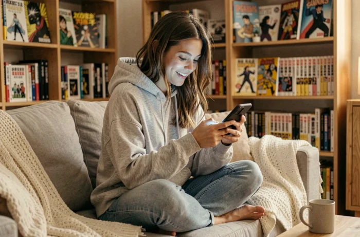 Jeune femme lisant un webtoon sur son smartphone dans un salon cosy avec des étagères de livres en arrière-plan