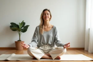 Femme en méditation assise en tailleur sur un tapis de yoga en lin, dans un espace intérieur minimaliste, les yeux fermés et les mains posées sur les genoux