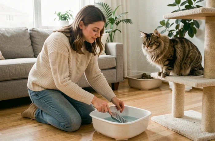 Femme nettoyant un bac à litière dans un appartement pendant qu'un chat Maine Coon l'observe depuis son arbre à chat, illustrant l'entretien quotidien pour deux chats