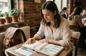 Femme organisant un voyage sur mesure avec un carnet de voyage, des cartes et un itinéraire dans un café chaleureux