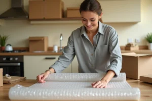 Femme déballant du papier bulle gratuit récupéré pour préparer un déménagement à domicile