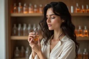 Femme tenant un flacon de parfum près de son cou dans une boutique de parfumerie parisienne pour trouver son parfum signature