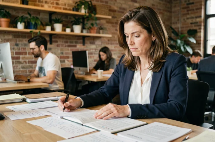 Femme de 42 ans en reconversion professionnelle étudiant des documents dans un espace de coworking moderne