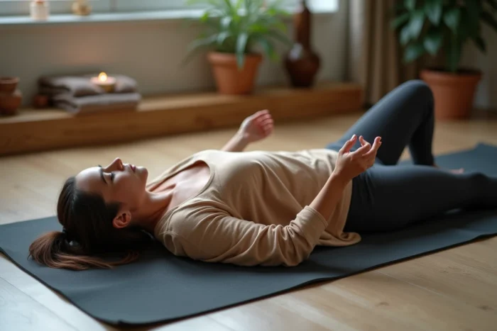 Femme allongée en posture de savasana sur un tapis de méditation bleu ardoise dans un studio de bien-être décoré avec soin, exprimant un lâcher-prise corporel total