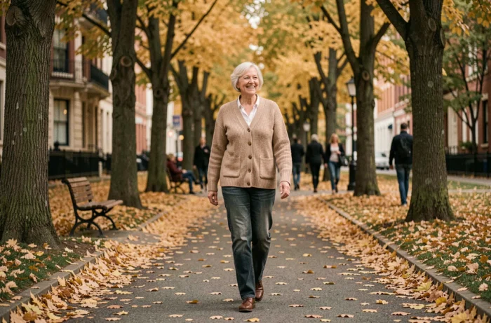 Femme senior active se promenant dans un parc en automne profitant de sa retraite en pleine nature