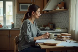 Femme seule dans un appartement modeste face à des papiers administratifs après une séparation conjugale en France