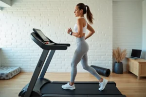 Femme utilisant un tapis de course ISE SY-1005 dans une salle de sport à domicile moderne