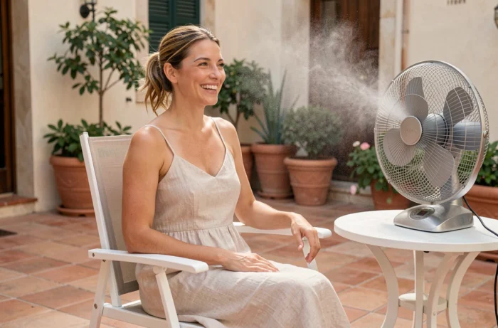 Femme profitant de la fraîcheur d'un ventilateur brumisateur en terrasse méditerranéenne en été