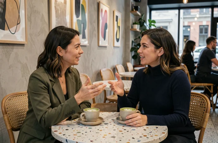 Deux femmes modernes discutant d'entrepreneuriat et de lifestyle autour d'un café dans un espace urbain tendance