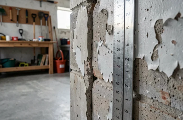 Fissure verticale sur un mur mitoyen de garage nécessitant des travaux d'entretien partagés entre propriétaires voisins