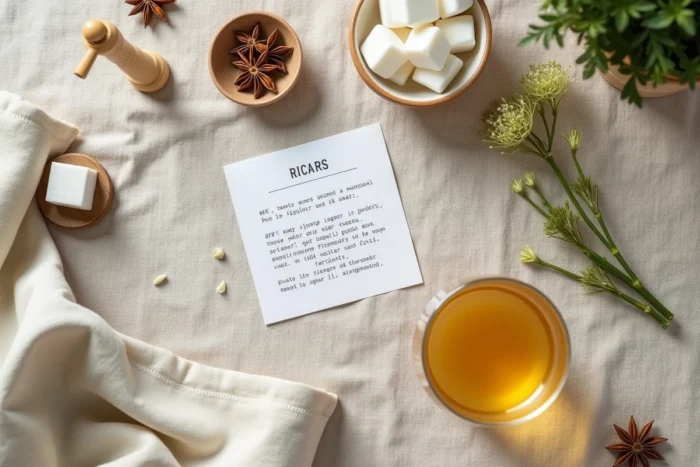 Vue de dessus d'une composition flat-lay sur une table en lin avec verre de Ricard, sucre, anis étoilé et notes sur la teneur en sucre