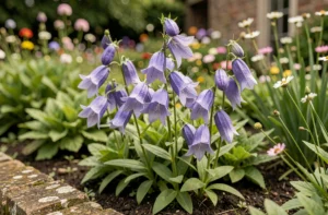 Fleurs de raiponce violettes en clochettes dans un jardin naturel avec fond de verdure flou