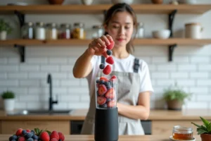 Femme versant des fruits congelés dans un blender noir mat dans une cuisine moderne pour préparer un smoothie