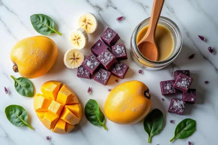Vue de dessus de fruits congelés variés disposés sur un plan de travail en marbre blanc avec un blender pour smoothie