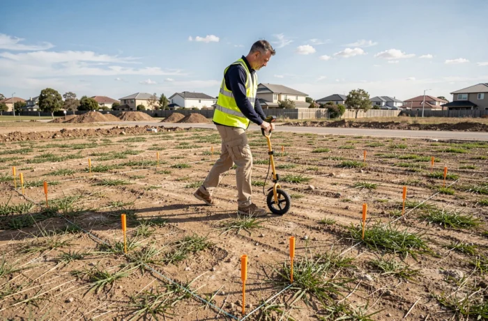 Géomètre mesurant le périmètre d'un terrain aux quatre côtés inégaux avec une roue de mesure sur un chantier extérieur