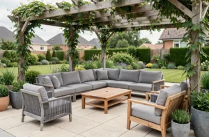 Grande terrasse aménagée avec un salon de jardin modulable gris anthracite et une table basse en bois sous une pergola végétalisée
