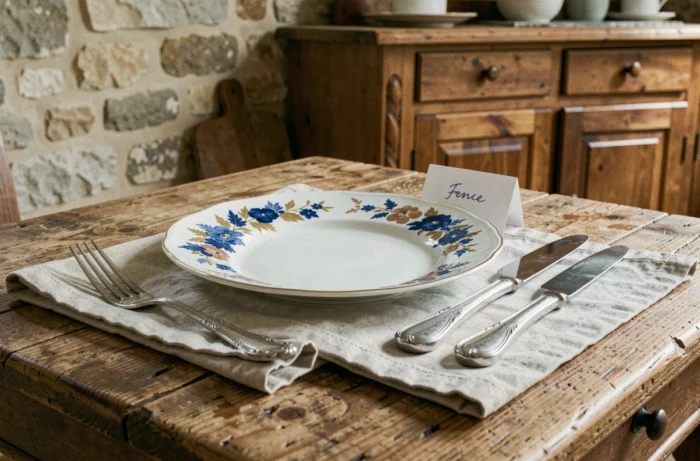 Gros plan sur une assiette en porcelaine fine à motif floral bleu et or posée sur une nappe en lin, avec couverts en argent sur table en chêne ancien