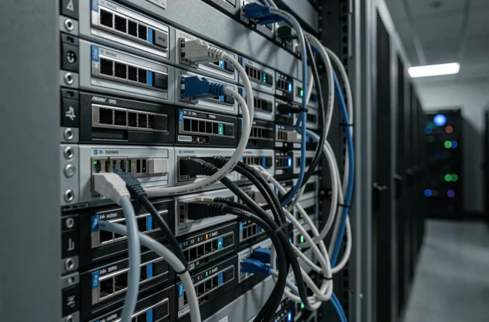 Gros plan sur des câbles et nœuds interconnectés dans un rack de cluster de serveurs en datacenter