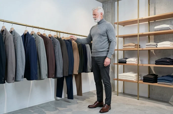 Homme de 65 ans élégant avec barbe blanche portant un col roulé en laine mérinos gris dans une boutique de mode masculine haut de gamme