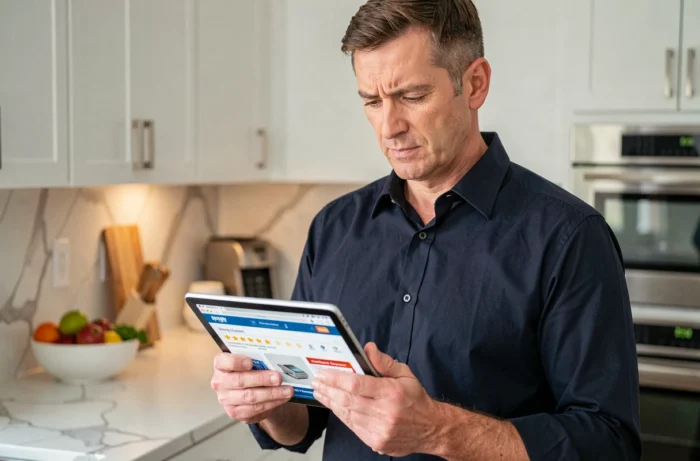 Homme consultant un site d'achat en ligne fiable sur une tablette dans une cuisine moderne