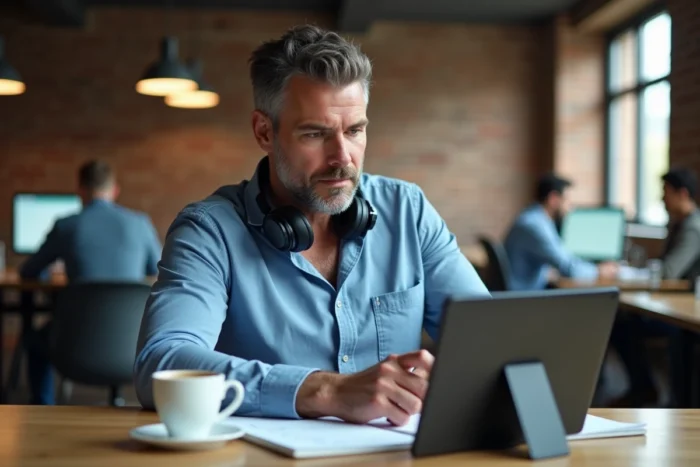 Homme en apprentissage en ligne dans un espace de coworking moderne avec tablette et notes manuscrites