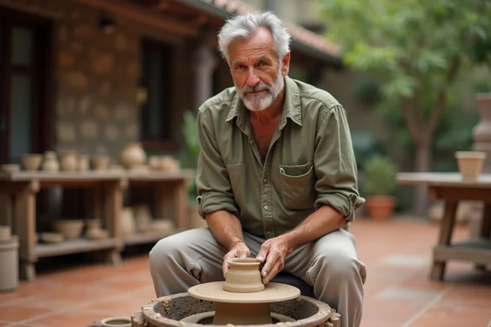 Homme façonnant une poterie en argile sur un tour lors d'un atelier créatif en plein air, activité loisir manuelle et apaisante