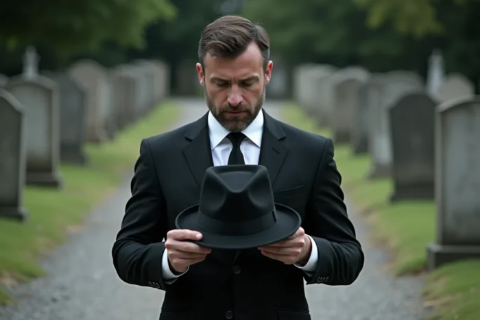 Homme tenant un chapeau fedora noir à la main dans un cimetière lors d'obsèques