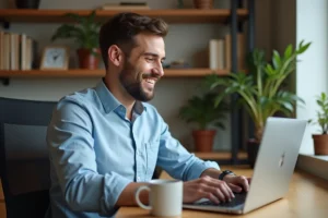 Homme utilisant une application de chat en ligne sur son ordinateur portable dans un bureau à domicile