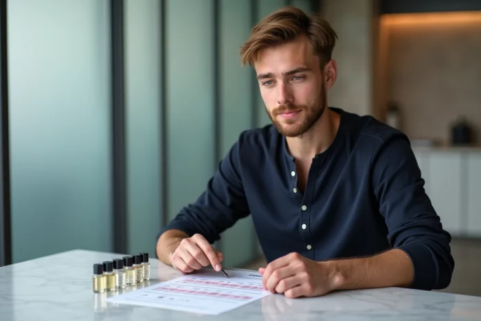 Homme consultant une liste de correspondance olfactive dans un studio de parfumerie moderne pour identifier son parfum signature