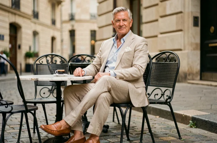 Homme distingué en costume lin beige assis en terrasse de café parisien, style masculin décontracté chic pour homme de plus de 60 ans