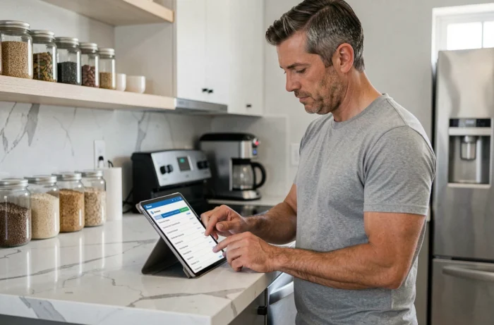 Homme parcourant le plan de navigation d'un site de guide nutritionnel sur une tablette dans une cuisine moderne