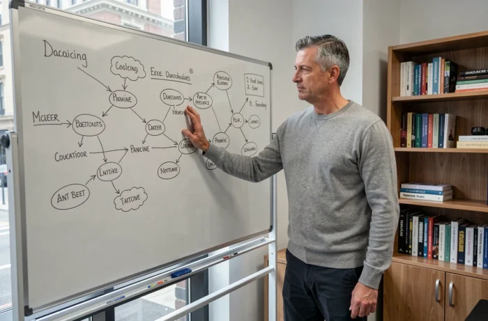 Homme en pleine planification de reconversion professionnelle devant un tableau blanc avec des schémas de carrière