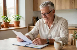 Homme senior à la retraite consultant ses documents de planification financière à sa table de cuisine