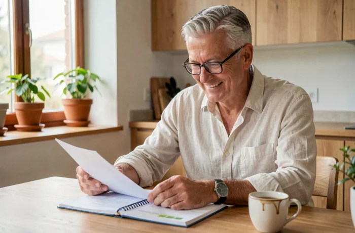 Homme senior à la retraite consultant ses documents de planification financière à sa table de cuisine