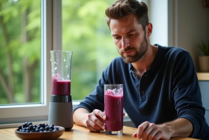 Homme dégustant un smoothie aux fruits congelés dans un verre transparent dans une cuisine lumineuse style scandinave