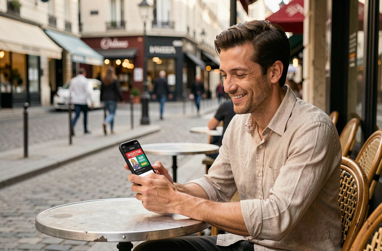 Homme en terrasse de café parisien consultant des bons plans et promotions sur une application webtoon depuis son smartphone
