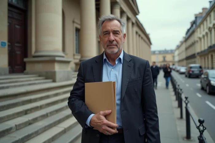 Homme devant un tribunal français tenant un dossier lors d'une procédure de divorce dans les classes moyennes
