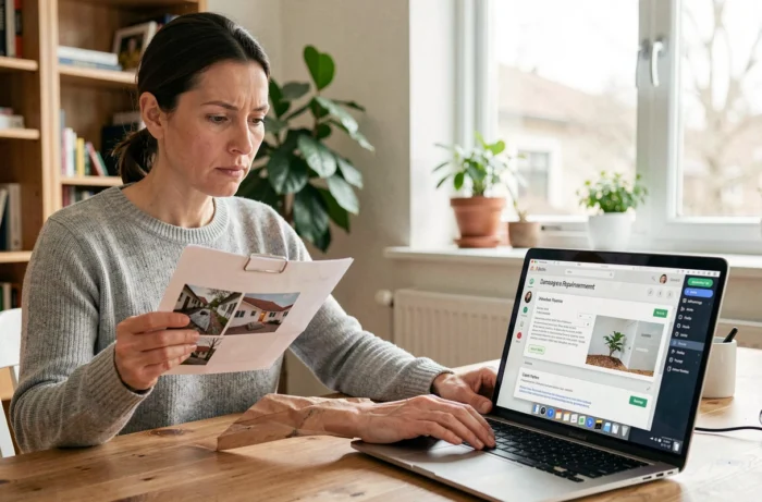 Hôte Airbnb remplissant un formulaire de réclamation pour dommages sur son ordinateur portable, tenant des documents imprimés avec photos des dégradations