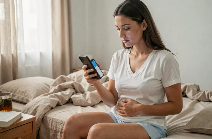 Femme en pyjama assise sur un lit consultant une application de suivi menstruel sur son téléphone, symbolisant la surveillance des premiers signes d'implantation et de nidation
