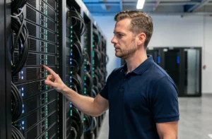 Ingénieur informatique examinant un cluster de serveurs dans une salle machine professionnelle
