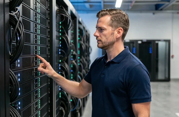 Ingénieur informatique examinant un cluster de serveurs dans une salle machine professionnelle