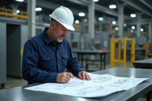 Ingénieur industriel analysant un schéma technique sur un établi en acier dans une usine de production moderne