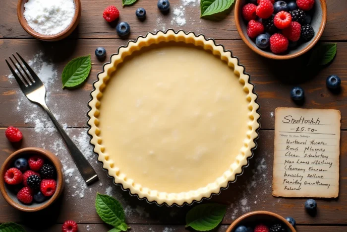 Vue de dessus d'une table en bois rustique avec ingrédients pour une tarte maison, pâte brisée, baies fraîches et fiche recette manuscrite