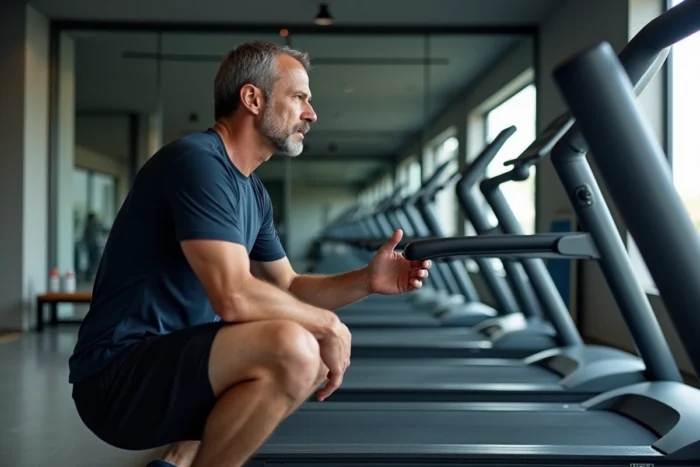 Homme inspectant les détails techniques du tapis de course ISE SY-1005 en salle de fitness