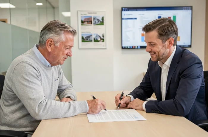 Investisseur signant un contrat de bail avec un agent immobilier en agence