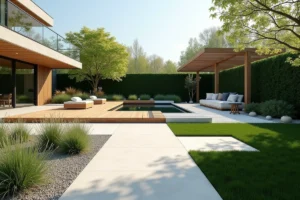 Vue d'ensemble d'un jardin contemporain tendance avec terrasse, pergola, graminées et bassin minimaliste