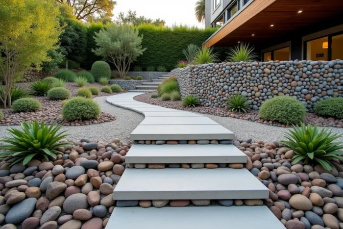 Jardin en niveaux avec murets gabion remplis de galets créant des terrasses dans un jardin design
